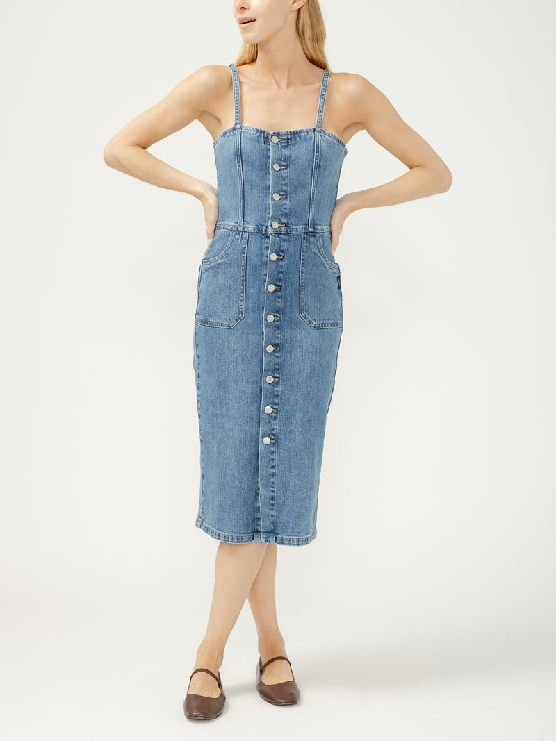 Button-Front Denim Midi Dress