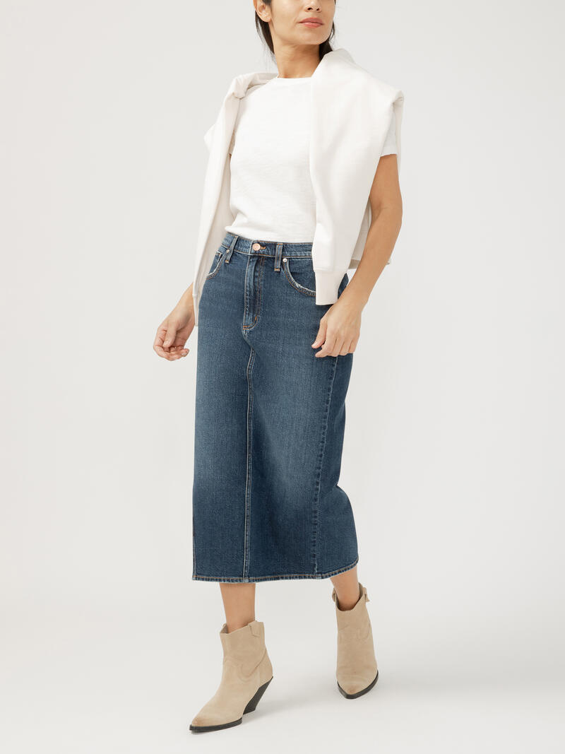 Side Slit Denim Midi Skirt